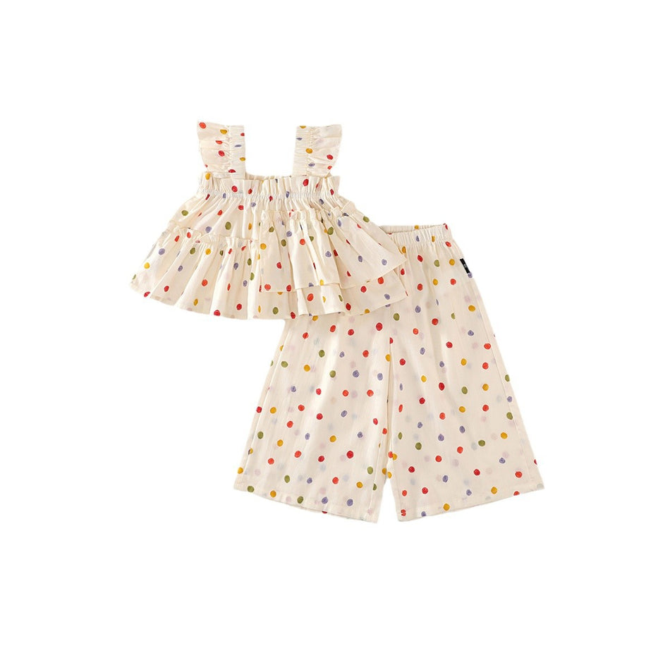 Girls Polka Dot Sling Set Wide Leg Pants 2025 Summer