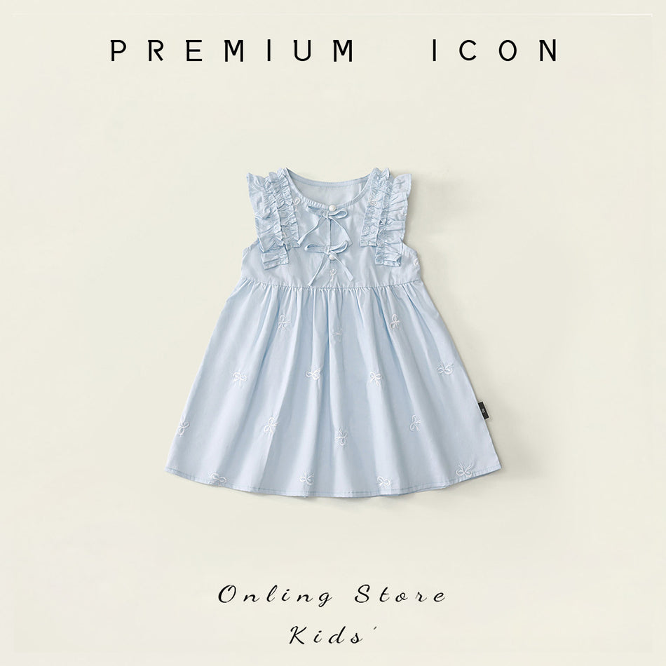 Girls Blue Ruffled Summer Dress 2026 Bow Embroidered
