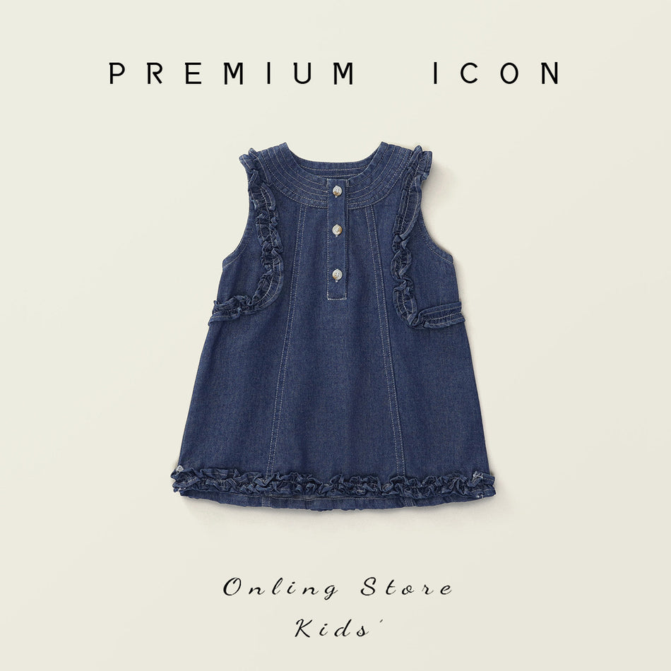 Girls Sleeveless Denim Lace Dress Korean Style