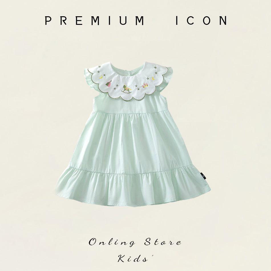 Girls Embroidered Lapel Cake Dress Summer Style