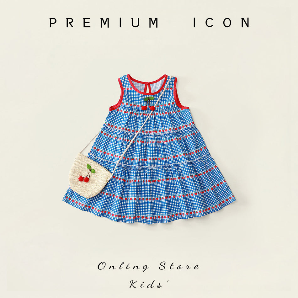 Baby Girl Cherry Plaid Sleeveless Dress with Bag