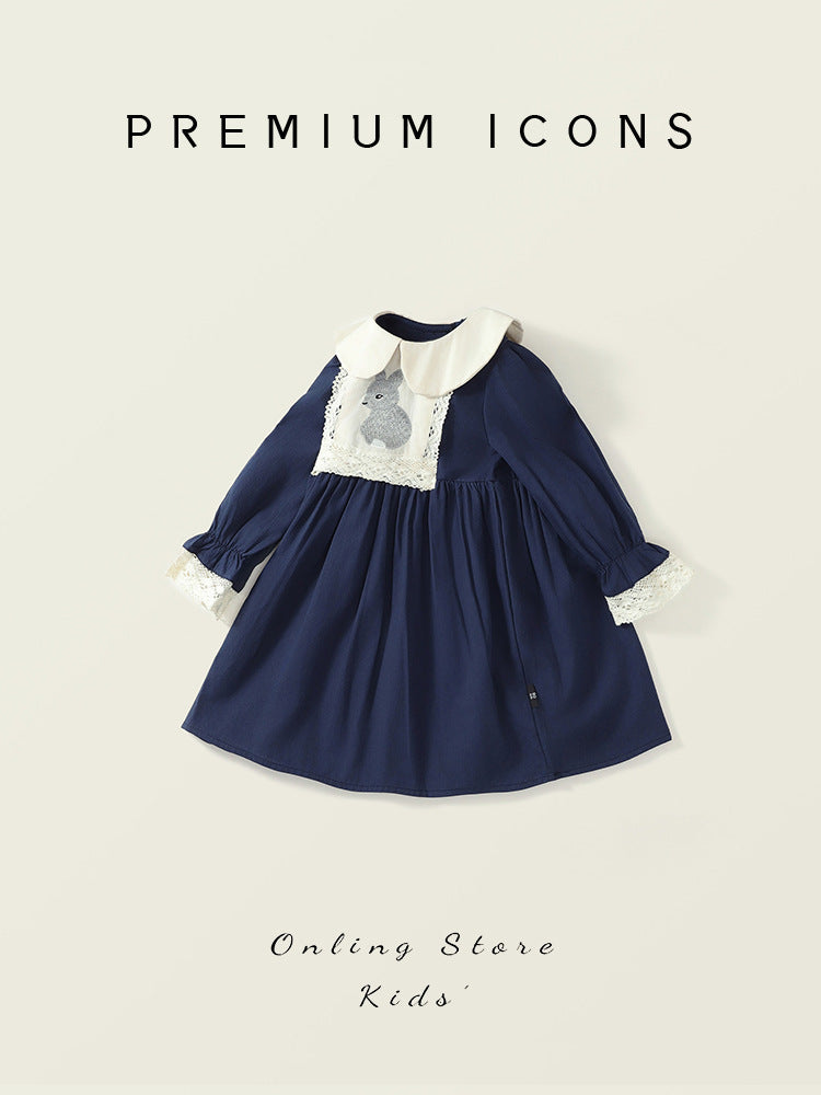 Girls Rabbit Embroidered Navy Princess Dress