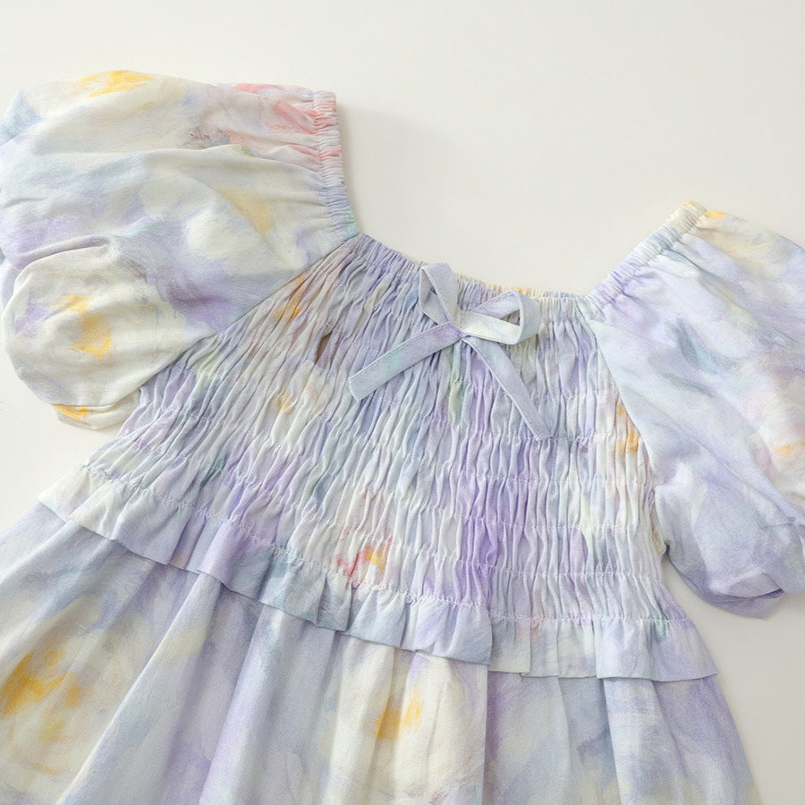 Girls Floral Square Neck Puff Sleeve Summer Dress