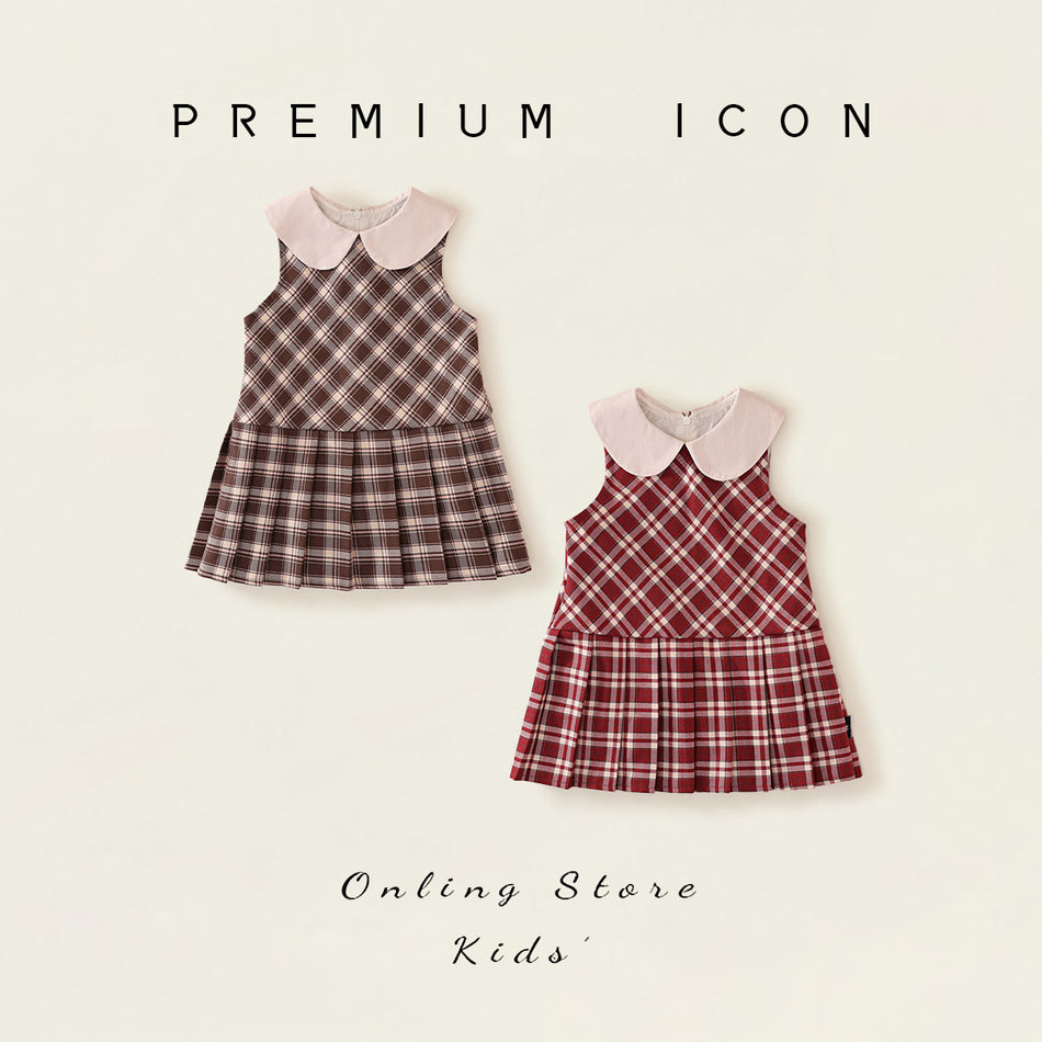 Girls Plaid Vest Pleated Dress Korean Style