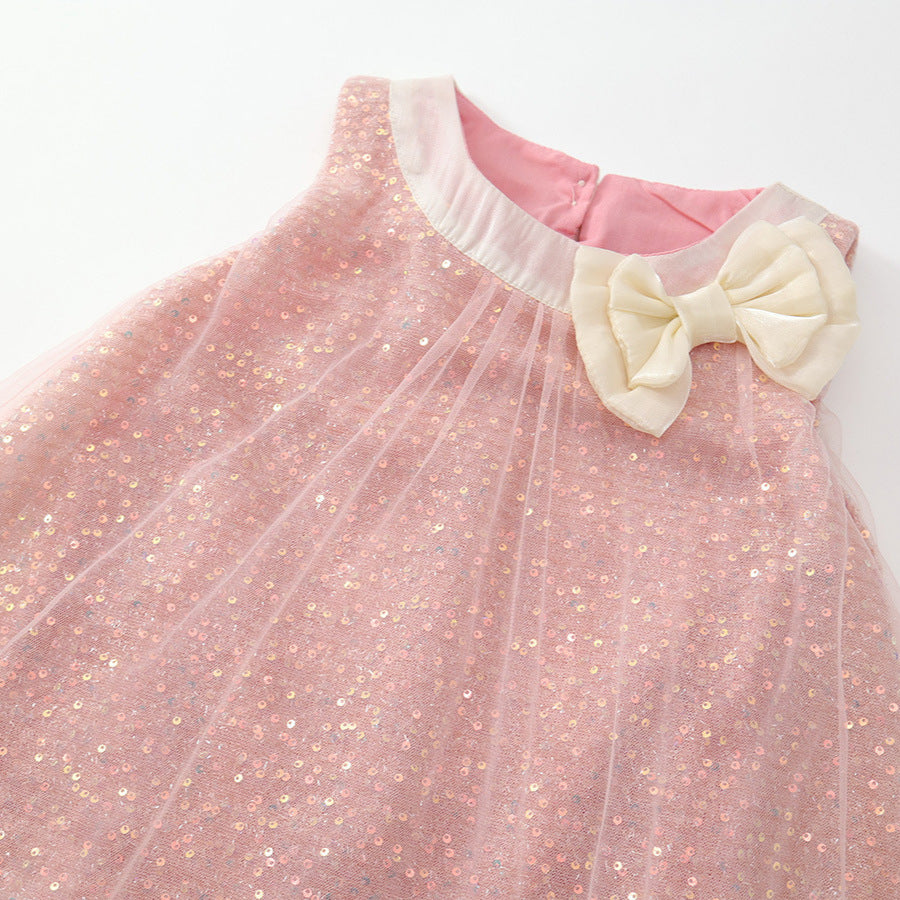 Girls Pink Sequin Bow Princess Dress Korean Style