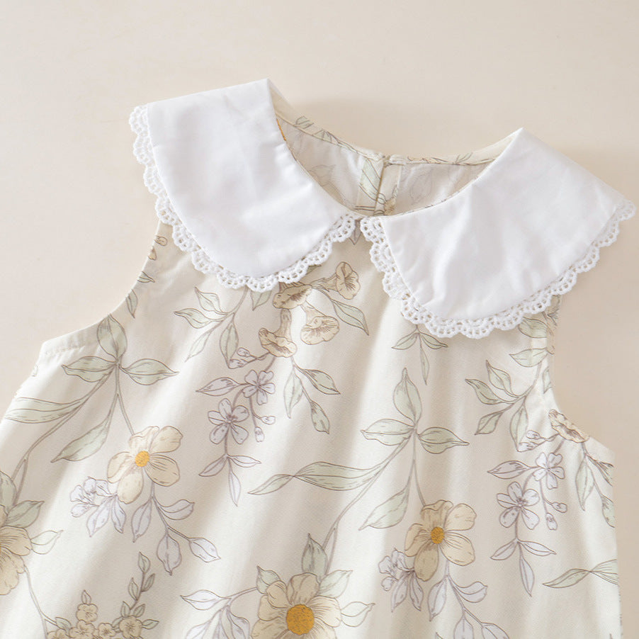 Girls Floral Sleeveless Lapel Princess Dress