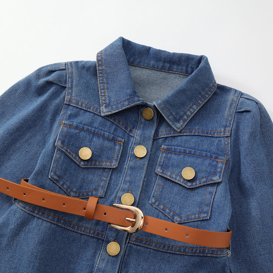 Girls Denim Belt Dress Korean Autumn Style