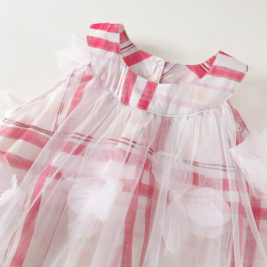 Girls Plaid Bow Mesh Vest Dress Korean Summer