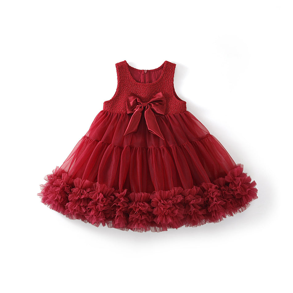 Girls Red Mesh Bow Sleeveless Vest Dress Autumn