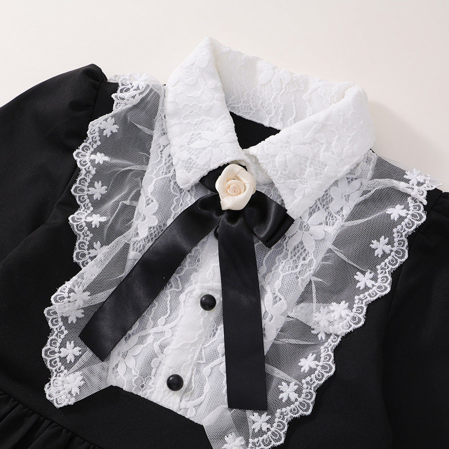 Girls Black Retro Lace Bow Princess Dress Autumn