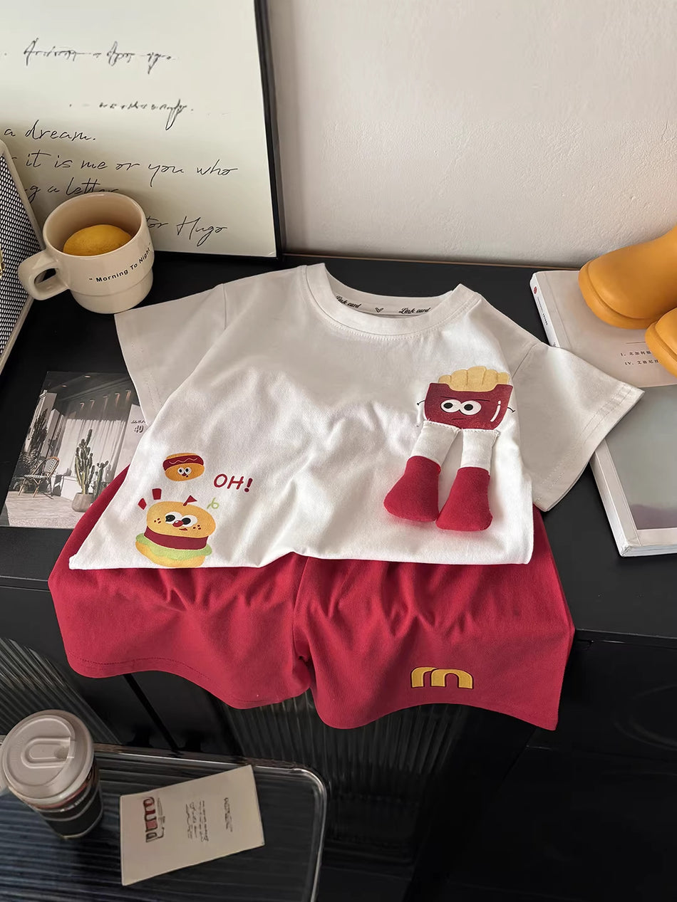 Kids Cotton Doll Print Shorts Set Summer Outfit