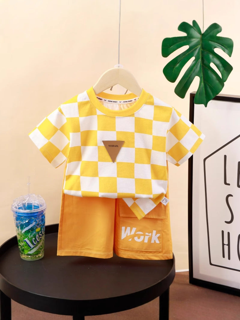 Kids Cotton Plaid Shorts Set Summer Cartoon Outfit