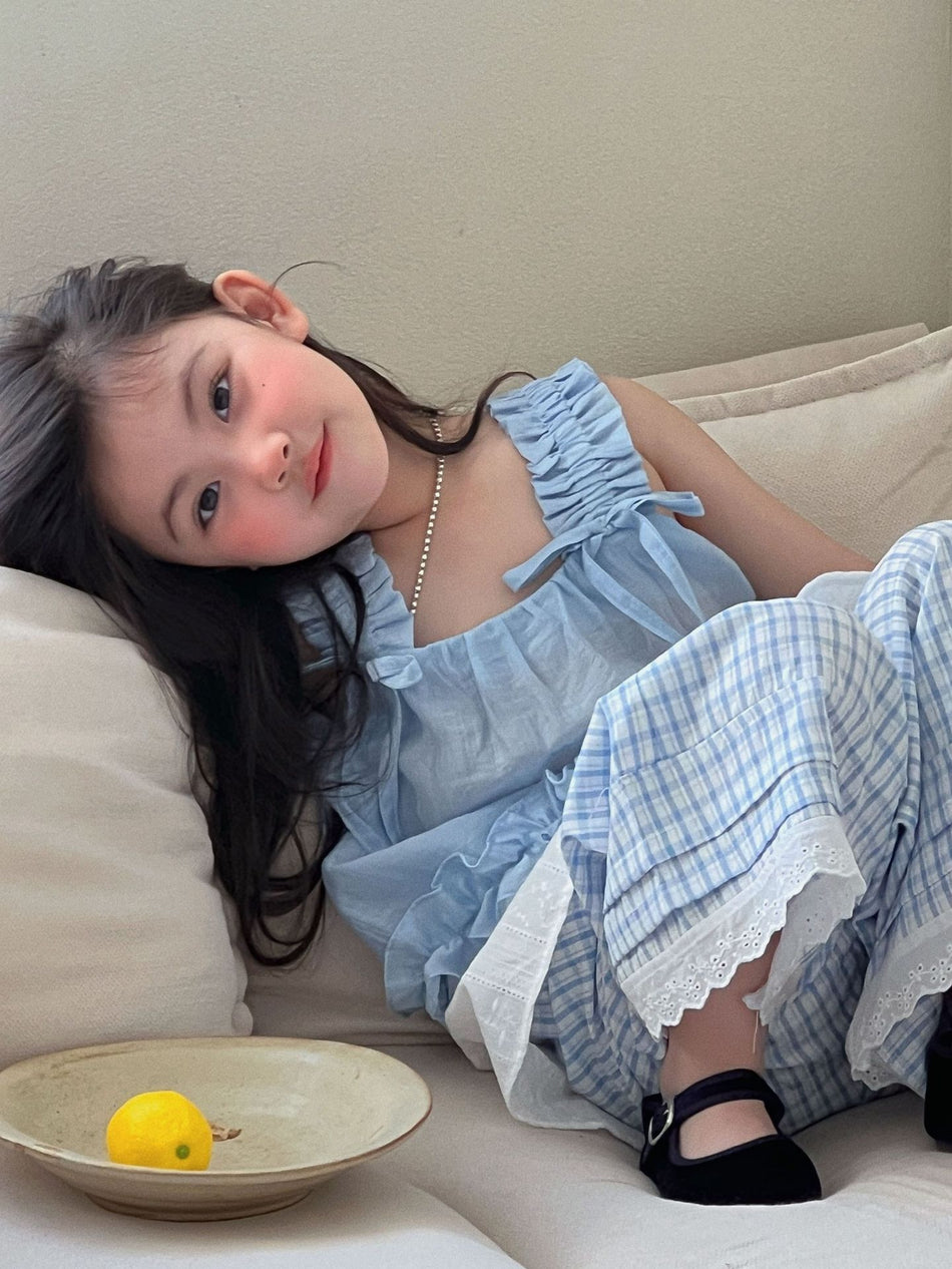 Girls Blue Bow Vest Skirt Set Spring Summer Outfit