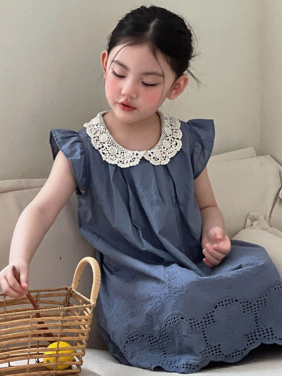 Girls French Lace Butterfly Sleeve Princess Dress