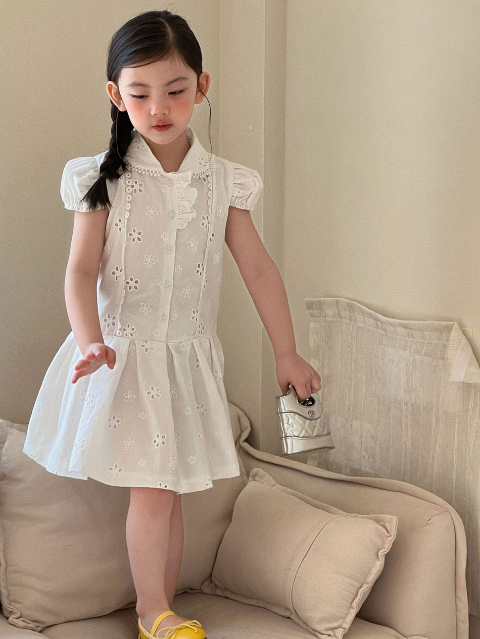Girls White Puff Sleeve Shirt Dress Summer 2026