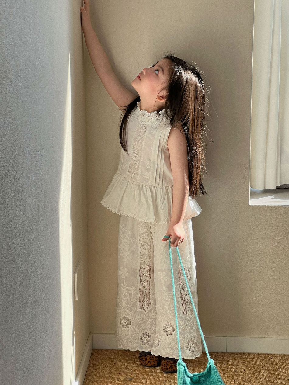 Girls Lace Stand Collar Set Wide Leg Pants Summer