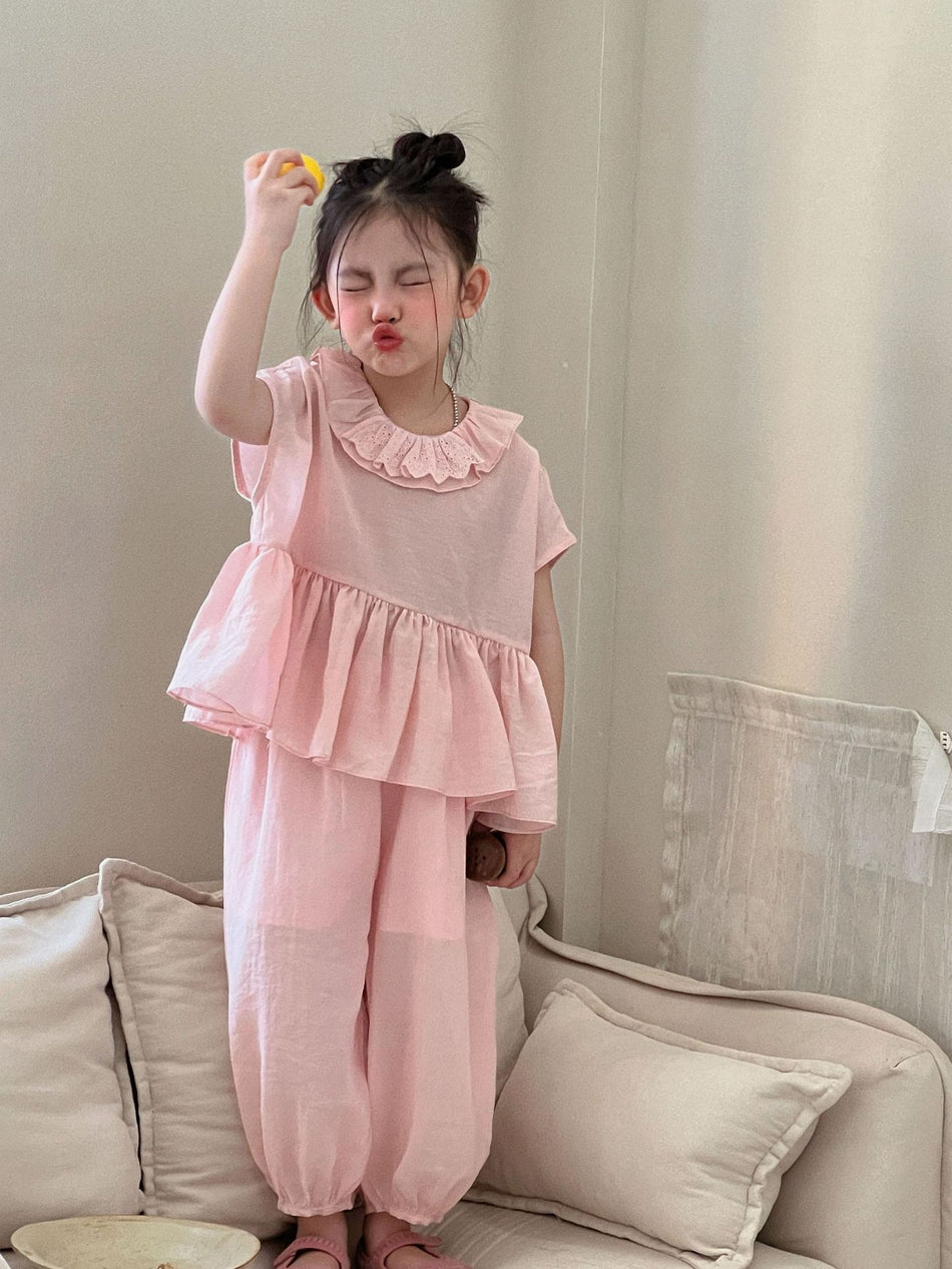 2026 Summer New Children's Clothing Korean Style Girls' Pink Lace Collar Doll Shirt Suit Children's Mosquito-Proof Pants Suit