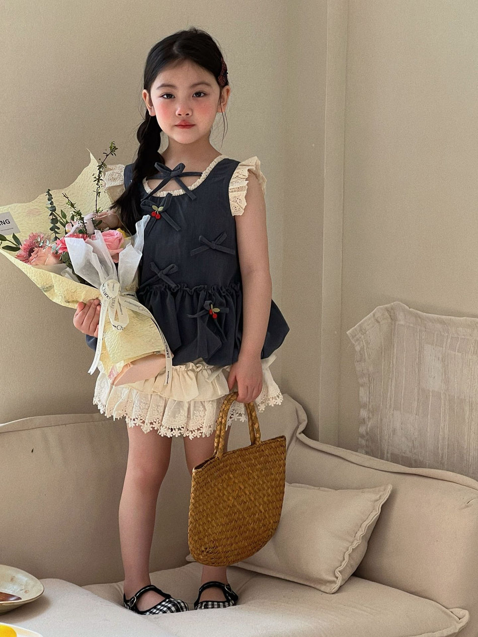 Girls Cherry Bow Lace Skirt Pants Set Summer 2026