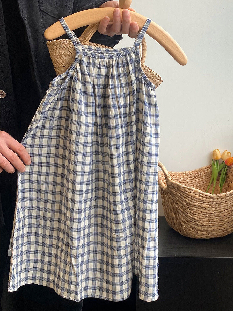 Girls Plaid Suspender Long Dress Summer 2026
