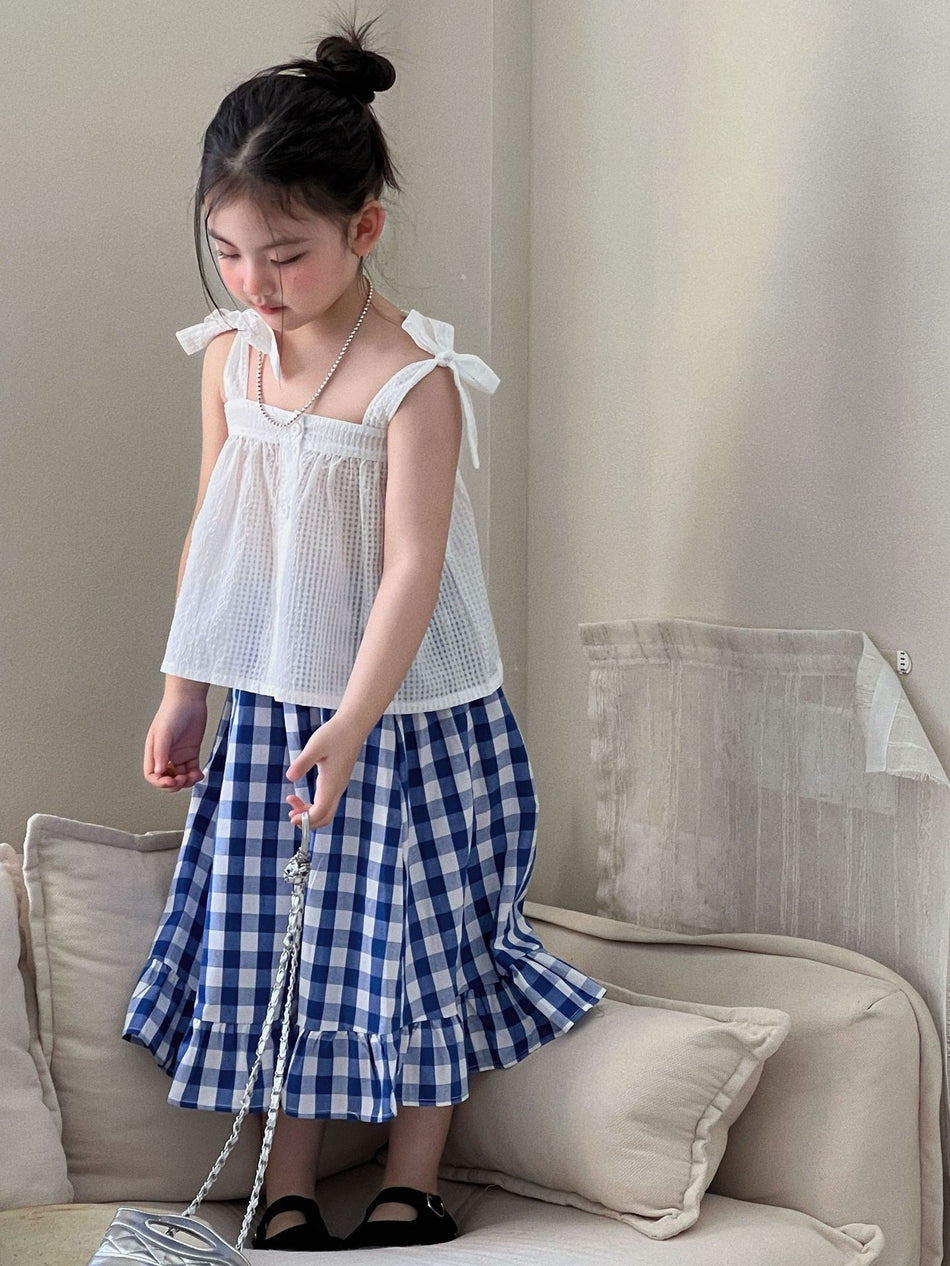 Girls Mori Style Blue Plaid Vest Set 2026 Summer