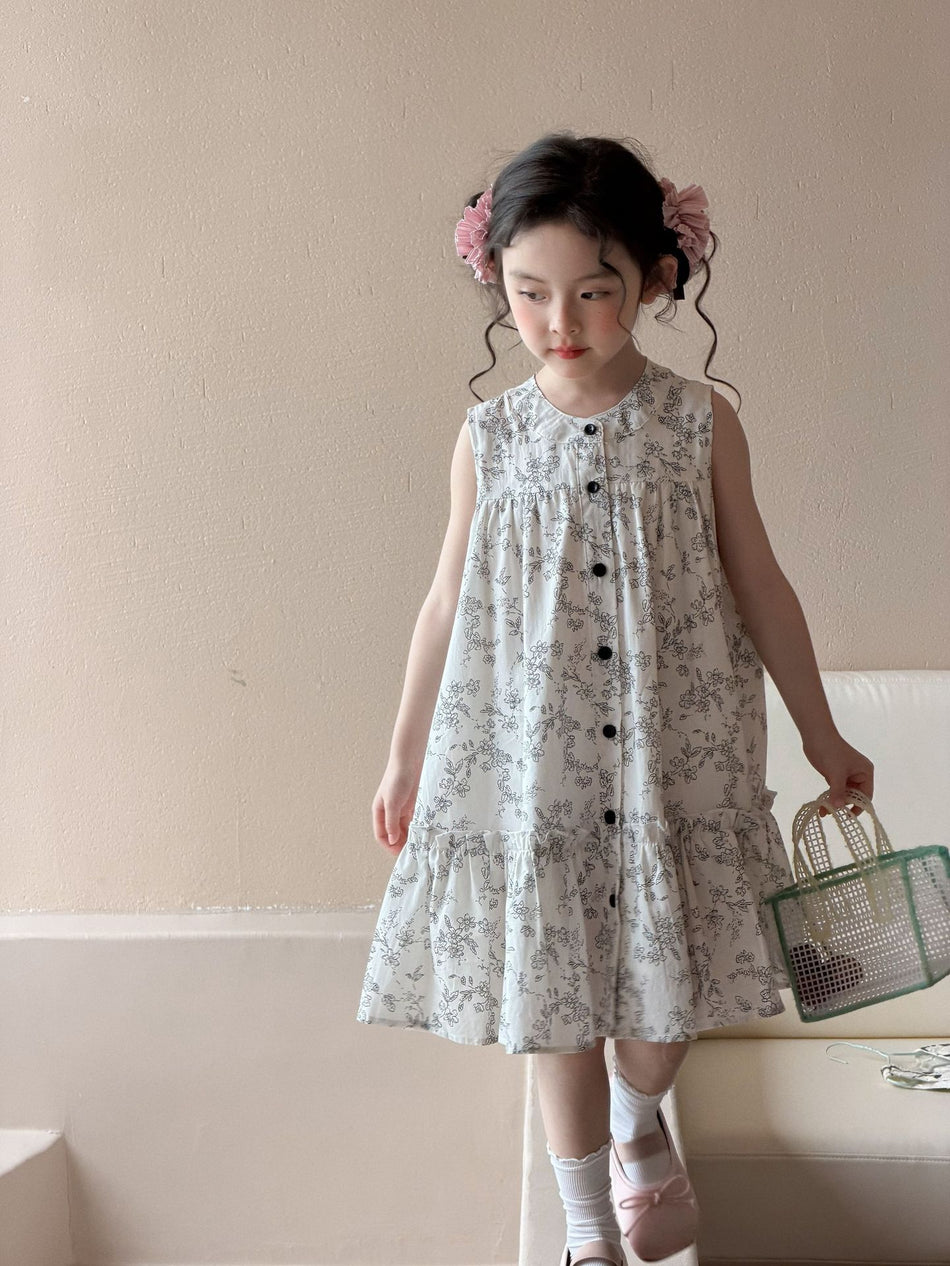 Girls Summer 2026 Korean Ink Print Floral Dress