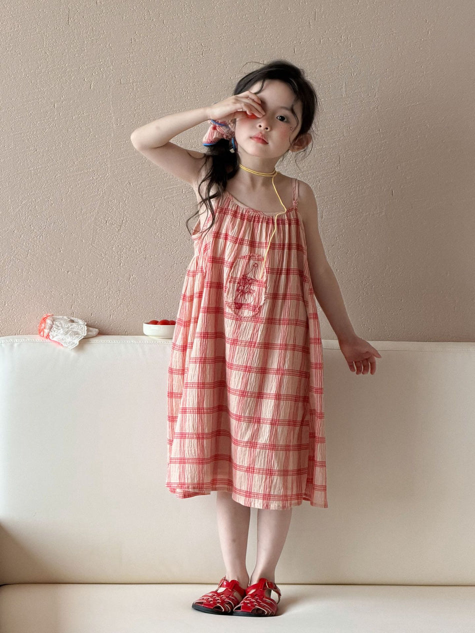Girls Red Plaid Summer 2026 Suspender Dress