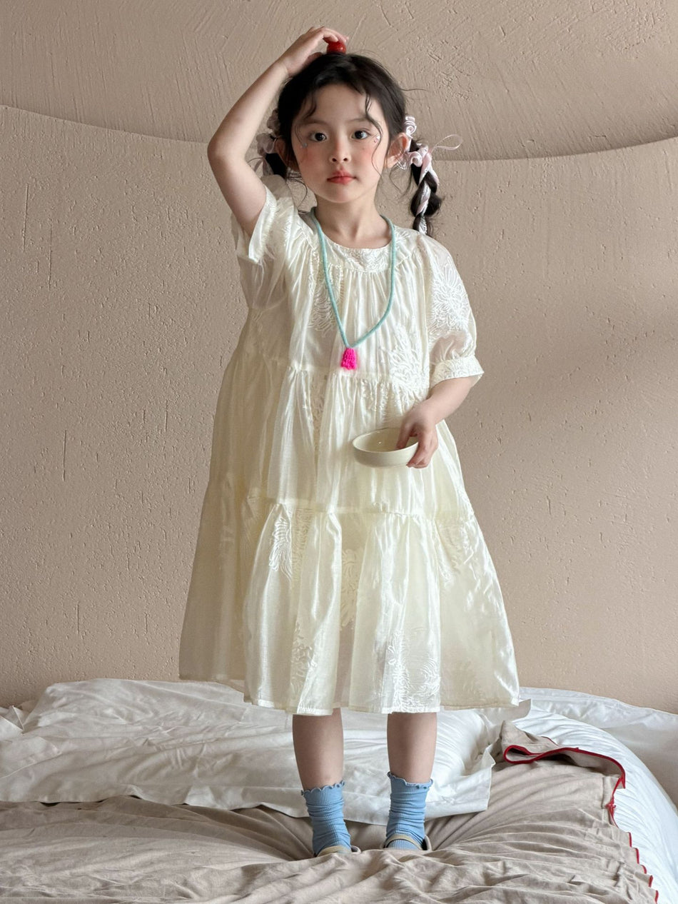 Girls 2026 Korean Lace Puff Sleeve Princess Dress