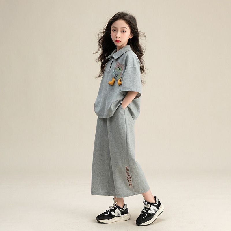 Girls Polo Summer 2-Piece Pants Set Korean Style 2026