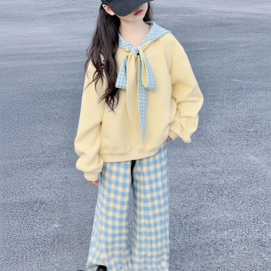 Girls Plaid Sweatshirt Pants Set Spring Autumn 2026
