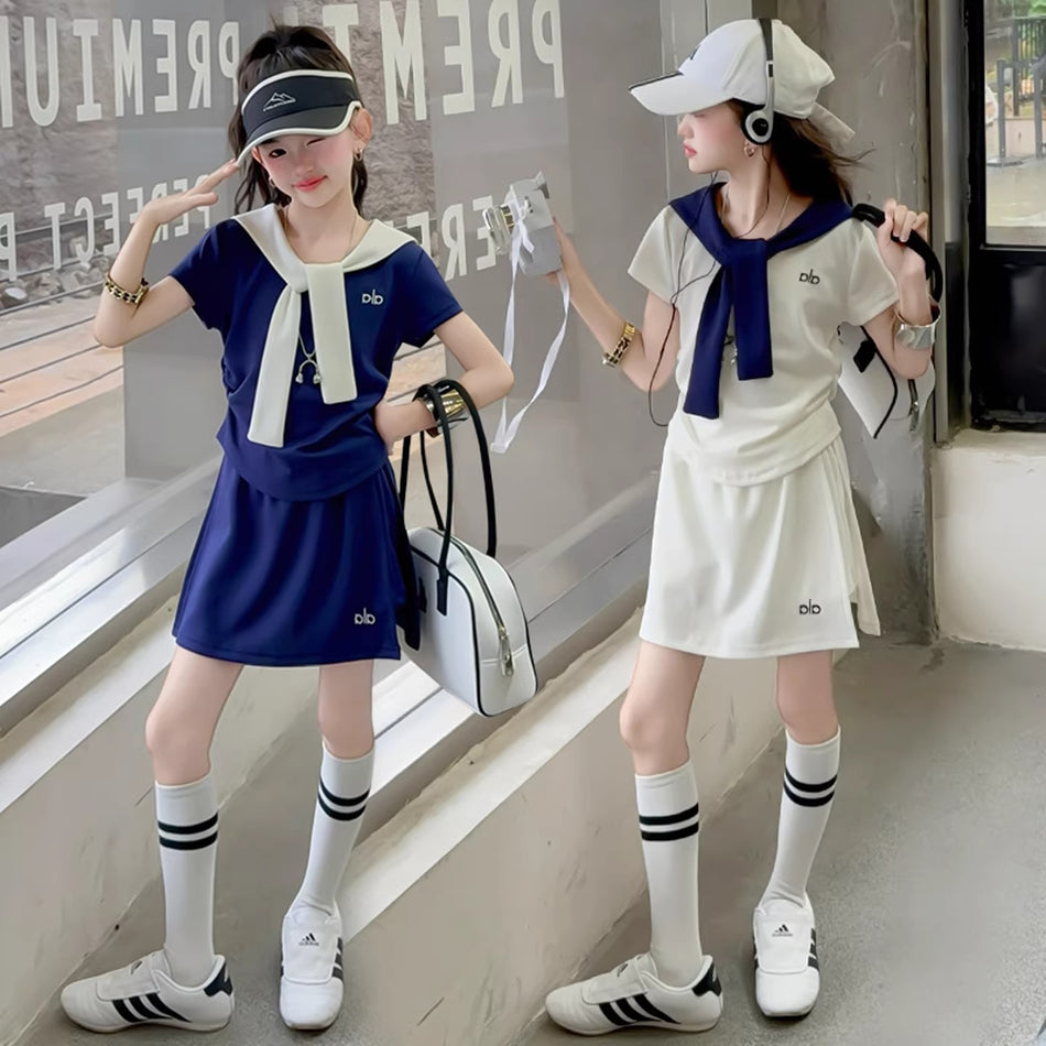 Girls Korean T-Shirt & Skirt Two-Piece Set