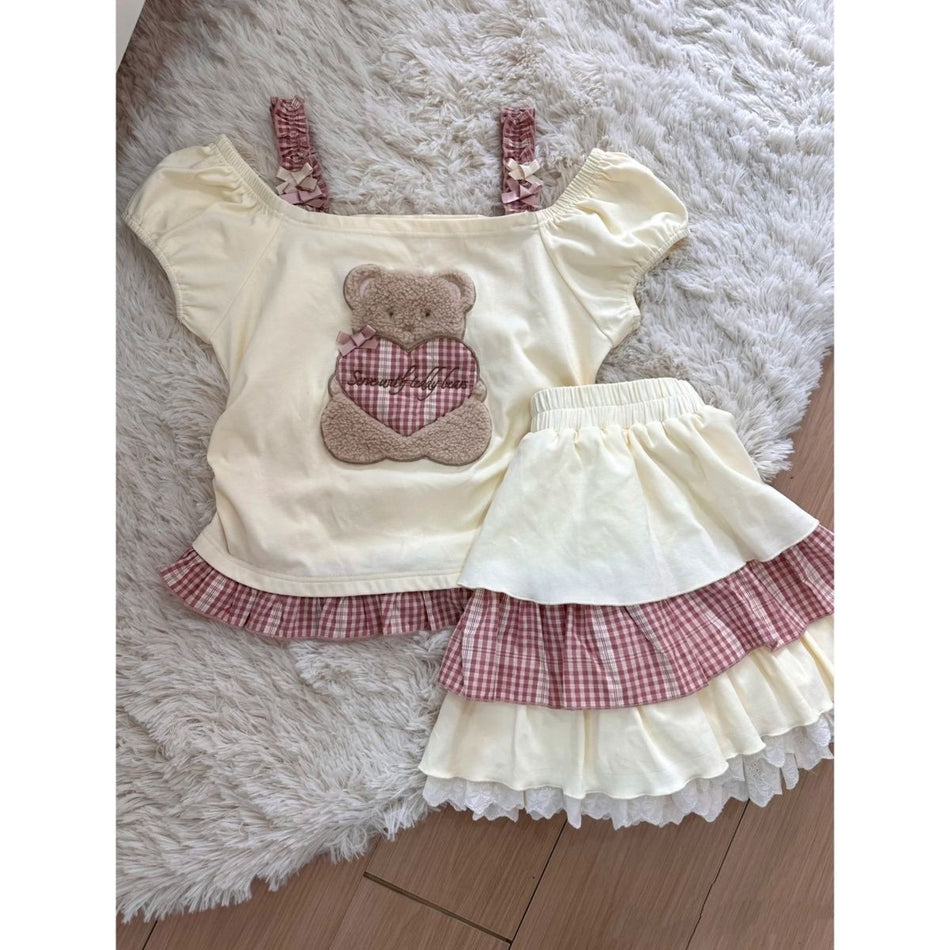 Girls Korean Plaid Lace Top & Skirt Set