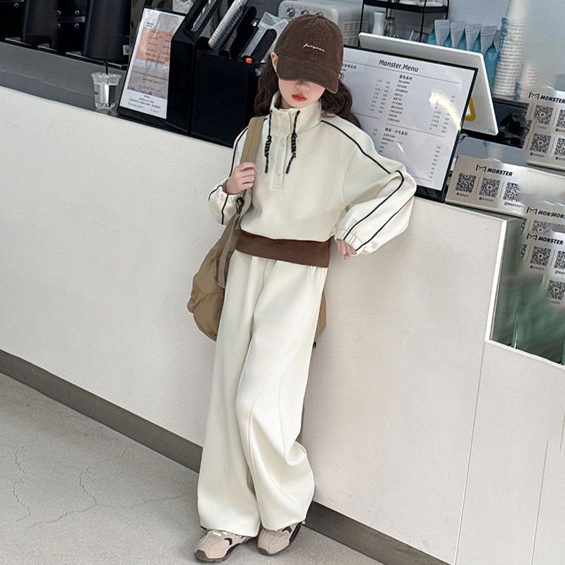 Girls Korean Collar Sweatshirt & Pants Set