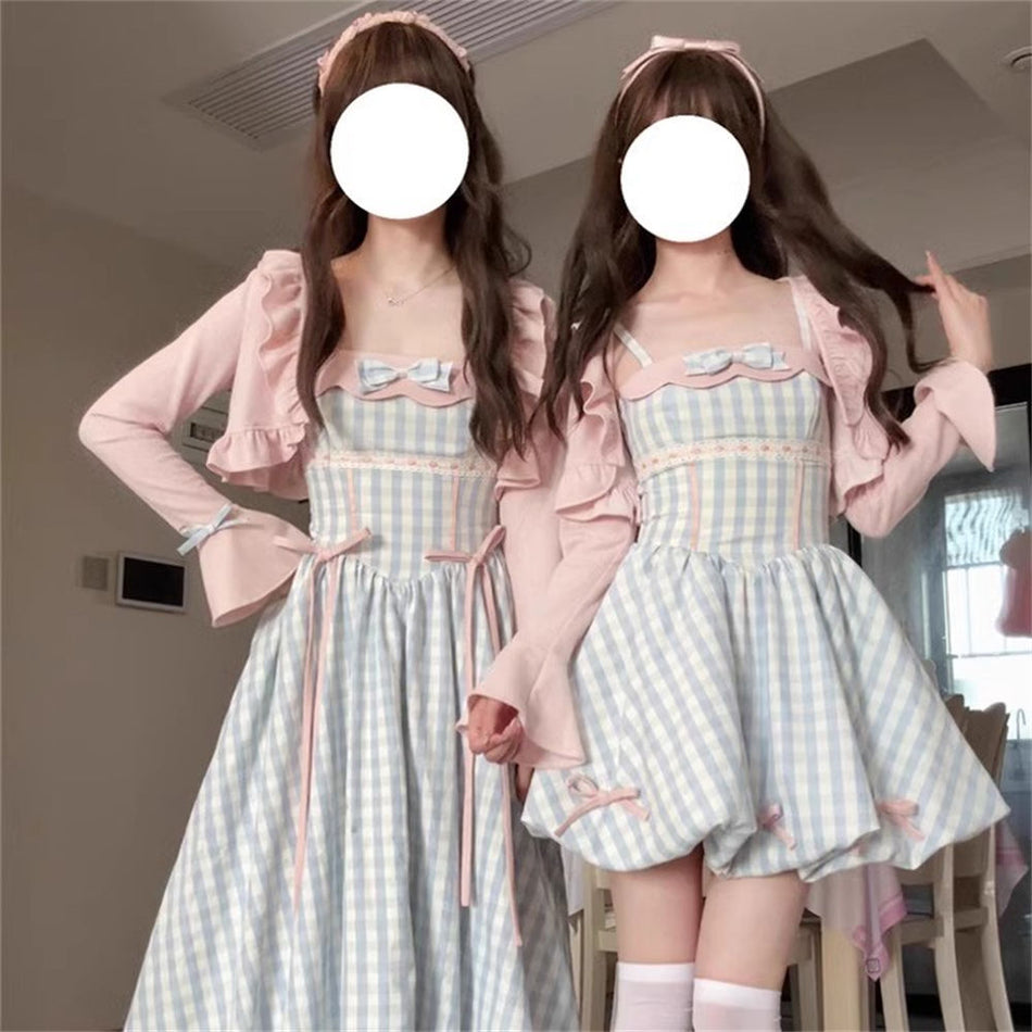 Girls Floral Plaid Skirt Two-Piece Set