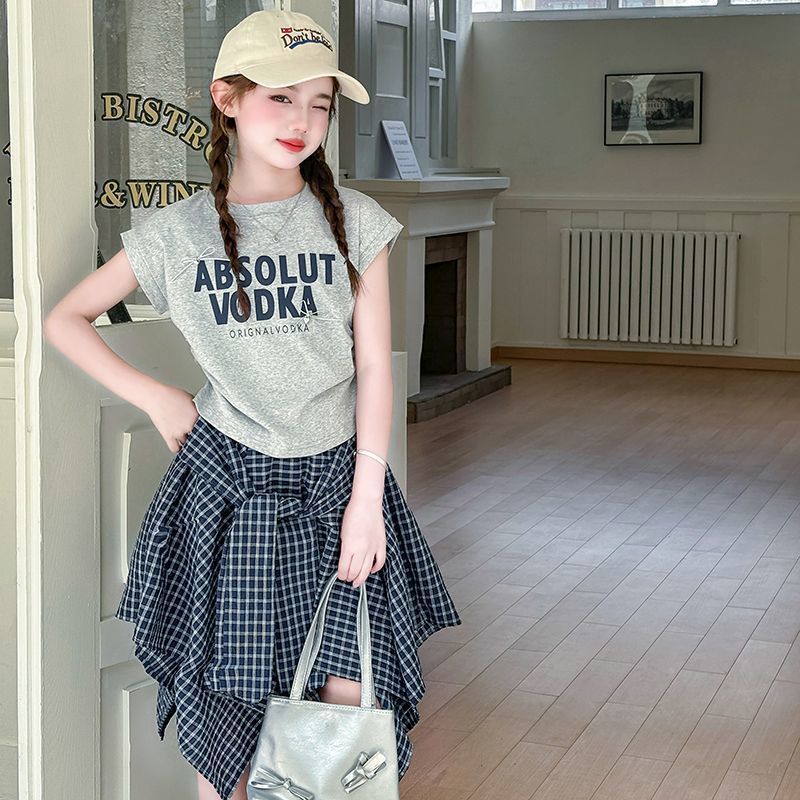 Girls Korean Letter Top & Plaid Skirt Set