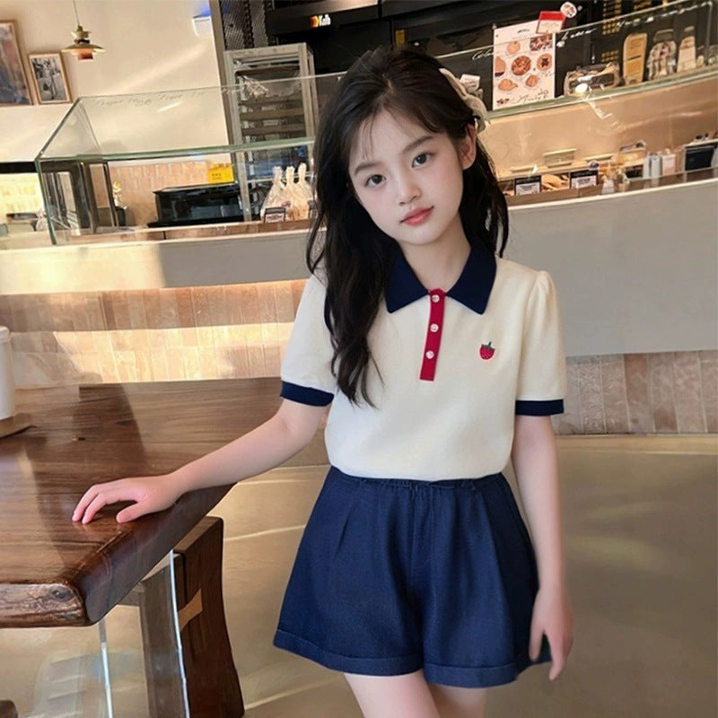 Girls Preppy Lapel Shirt & Shorts Set
