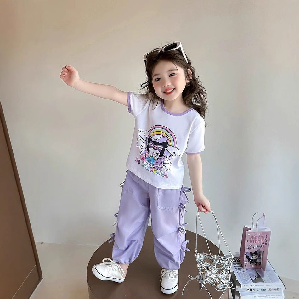 Girls Korean Bow Cartoon Top & Pants Set
