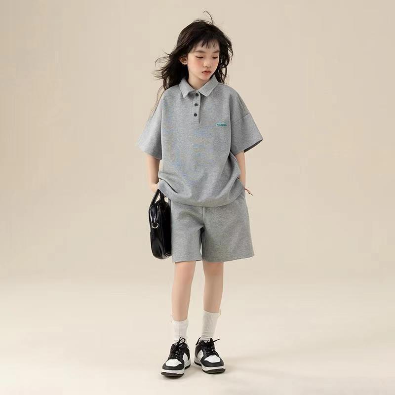 Girls Lapel Top & Casual Shorts Set