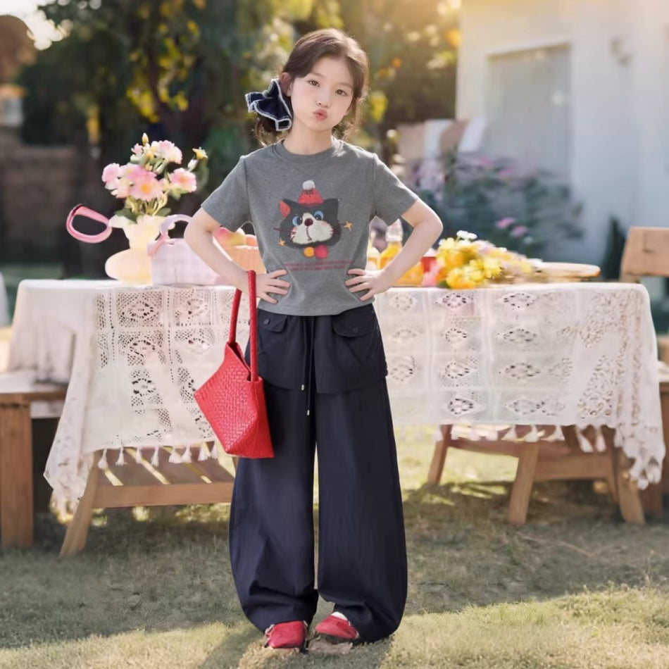 Girls Cat T-Shirt & Cargo Pants Set