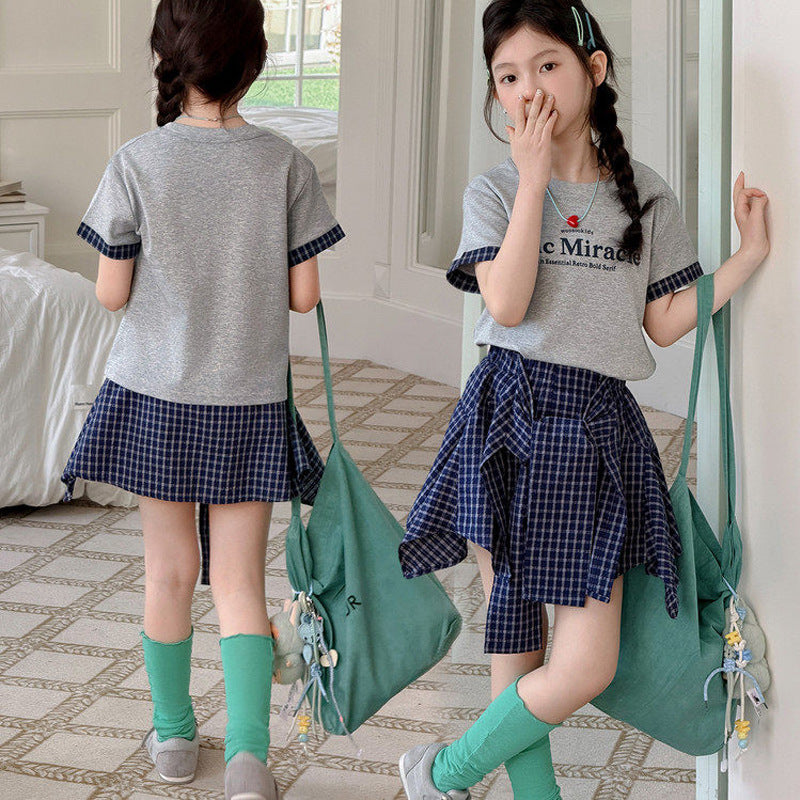 Girls Plaid T-Shirt Pantskirt Set