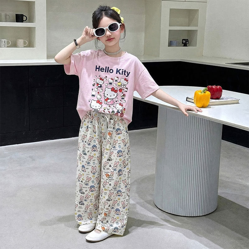 Girls Cat T-Shirt & Wide-Leg Pants Set