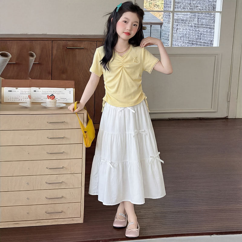 Girls Bow T-Shirt & Pleated Skirt Set