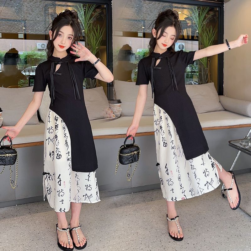 Girls Chinese Style Buckle Skirt Set
