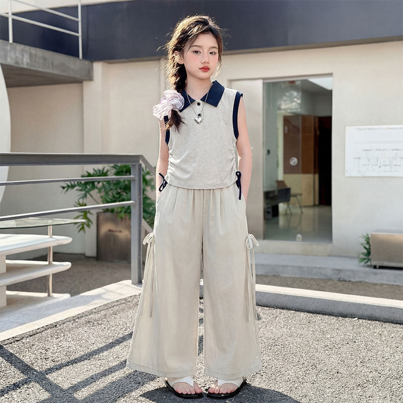 Girls Polo Collar Overalls Set