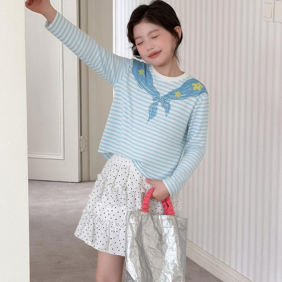 Girls Striped Fake Two-Piece Skirt Set
