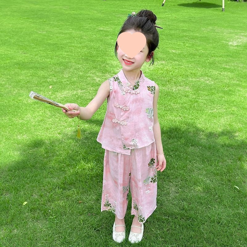 Girls Sleeveless Wide Leg Pants Set