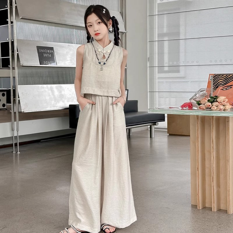 Girls Solid Color Wide Leg Pants Set
