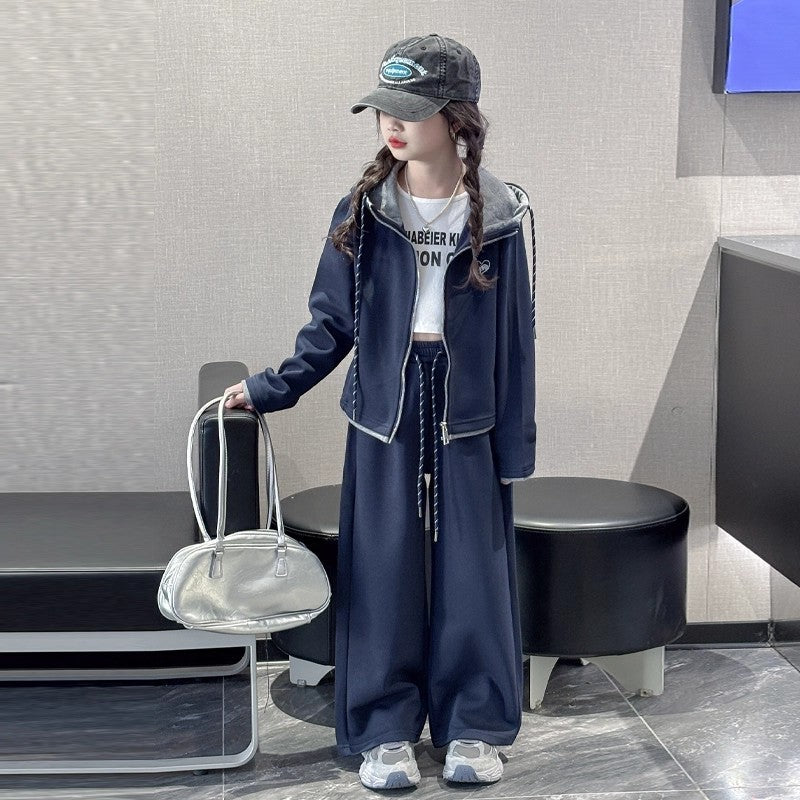 Girls Hooded Zipper Wide Leg Set