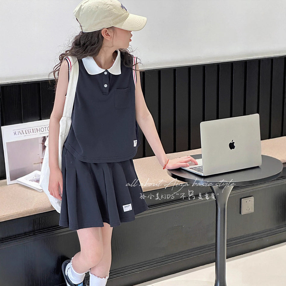 Girls Navy Blue Pleated Skirt Set – Summer Outfit