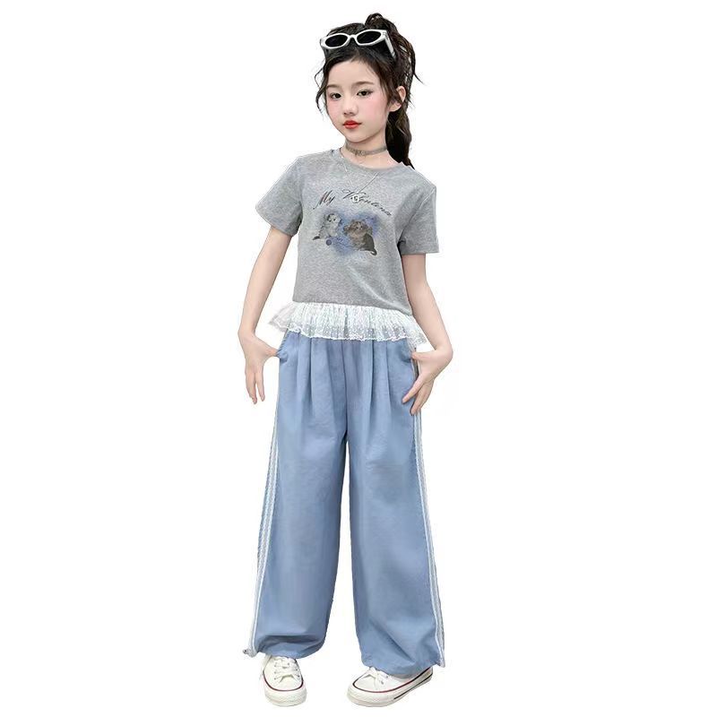 Girls Lace Cartoon T-Shirt Set – Summer Wide-Leg Outfit