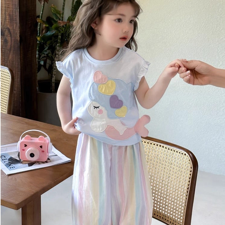 Girls Cartoon Korean Outfit – Summer Top & Pants Set